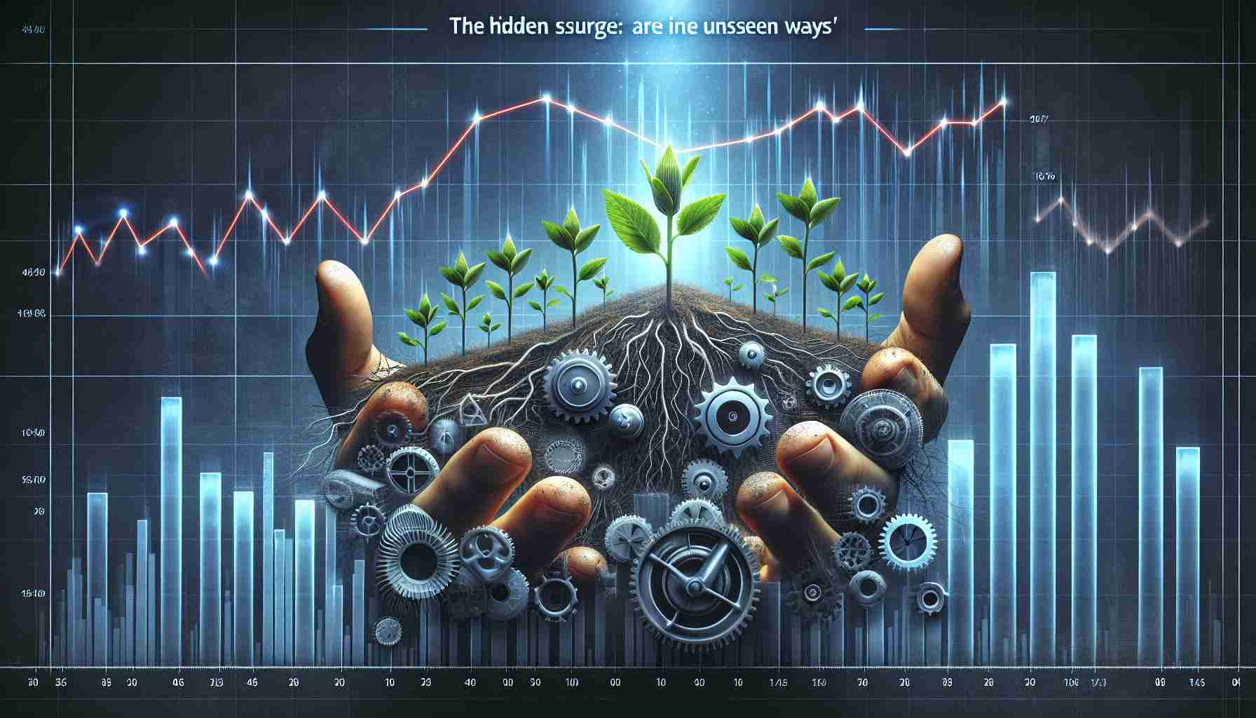 A high-definition, photorealistic image representing the concept 'The Hidden Surge: Startups Are Thriving in Unseen Ways'. This could include various elements such as startups operating in remote locations, online platforms showcasing spikes in activity, and unseen hands nurturing sapling plants (symbolizing startups) or graphs showing upward trends. Elements such as gears, cogs and other machinery could be lurking in the shadows indicating unseen forces propelling startup growth.