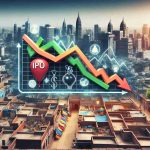 High definition depiction of a symbolic representation of a hot Indian start-up company having to settle with a lower Initial Public Offering (IPO) price. This could be represented by a graph with downwards trends and company logos, juxtaposed against an Indian cityscape or market scene.