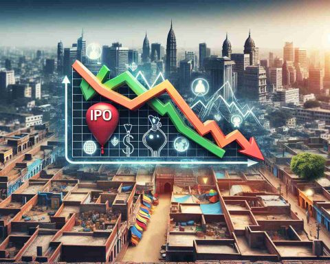 High definition depiction of a symbolic representation of a hot Indian start-up company having to settle with a lower Initial Public Offering (IPO) price. This could be represented by a graph with downwards trends and company logos, juxtaposed against an Indian cityscape or market scene.