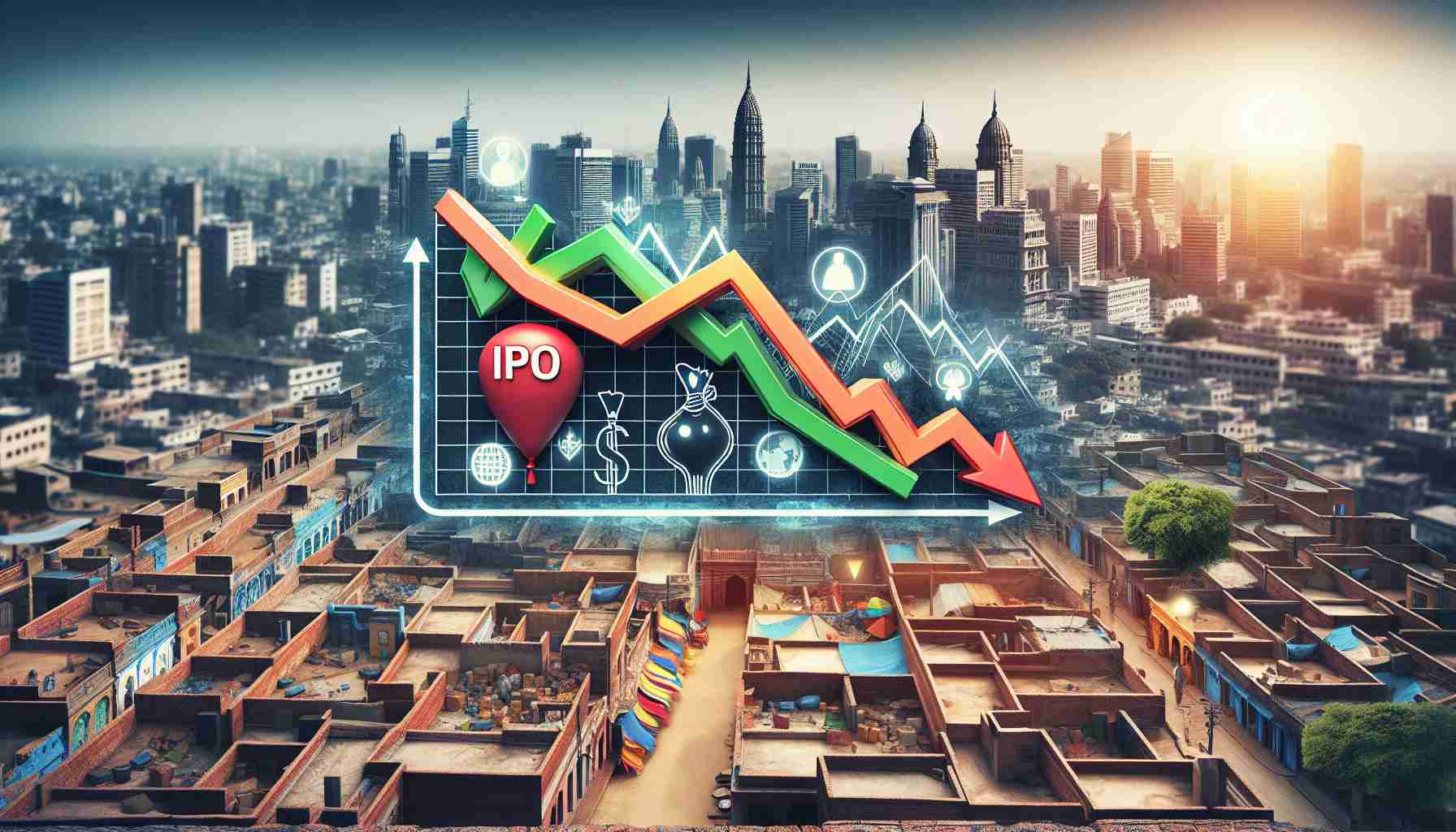 High definition depiction of a symbolic representation of a hot Indian start-up company having to settle with a lower Initial Public Offering (IPO) price. This could be represented by a graph with downwards trends and company logos, juxtaposed against an Indian cityscape or market scene.