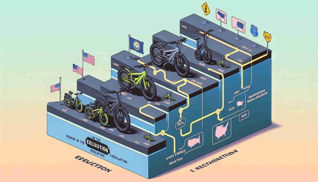 Generate a High-definition realistic representation of the stages in the evolution of E-Bike regulations in the Southwestern States of the USA. This image should start from the inception of E-Bike rules, showing key regulatory milestones as layers or steps, progressing to the current day. It should be informative with relevant symbols and should adequately represent the Southwestern geography and timeline indicators.