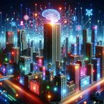 A detailed, high-definition image of metaphorical representation of a powerhouse in AI stocks that everyone is talking about. Display this as a futuristic city skyline where each building represents different tech companies. Among them, one building is significantly taller with neon lights showing elements of artificial intelligence, symbolizing its dominance. Integrate visual elements such as binary code, neural networks, and futuristic tech. Please avoid using any identifiable logos or trademarks. Capture the lively atmosphere with buzzing energy – perhaps shown through glowing lights and vibrant colors.