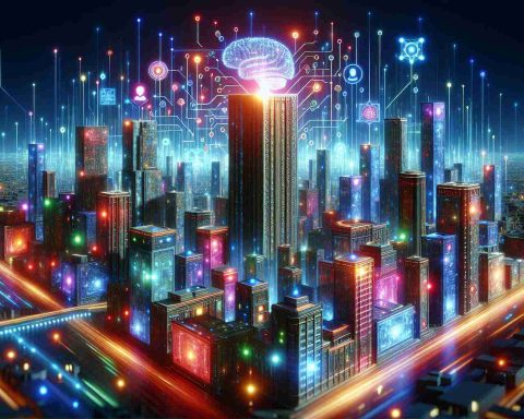 A detailed, high-definition image of metaphorical representation of a powerhouse in AI stocks that everyone is talking about. Display this as a futuristic city skyline where each building represents different tech companies. Among them, one building is significantly taller with neon lights showing elements of artificial intelligence, symbolizing its dominance. Integrate visual elements such as binary code, neural networks, and futuristic tech. Please avoid using any identifiable logos or trademarks. Capture the lively atmosphere with buzzing energy – perhaps shown through glowing lights and vibrant colors.