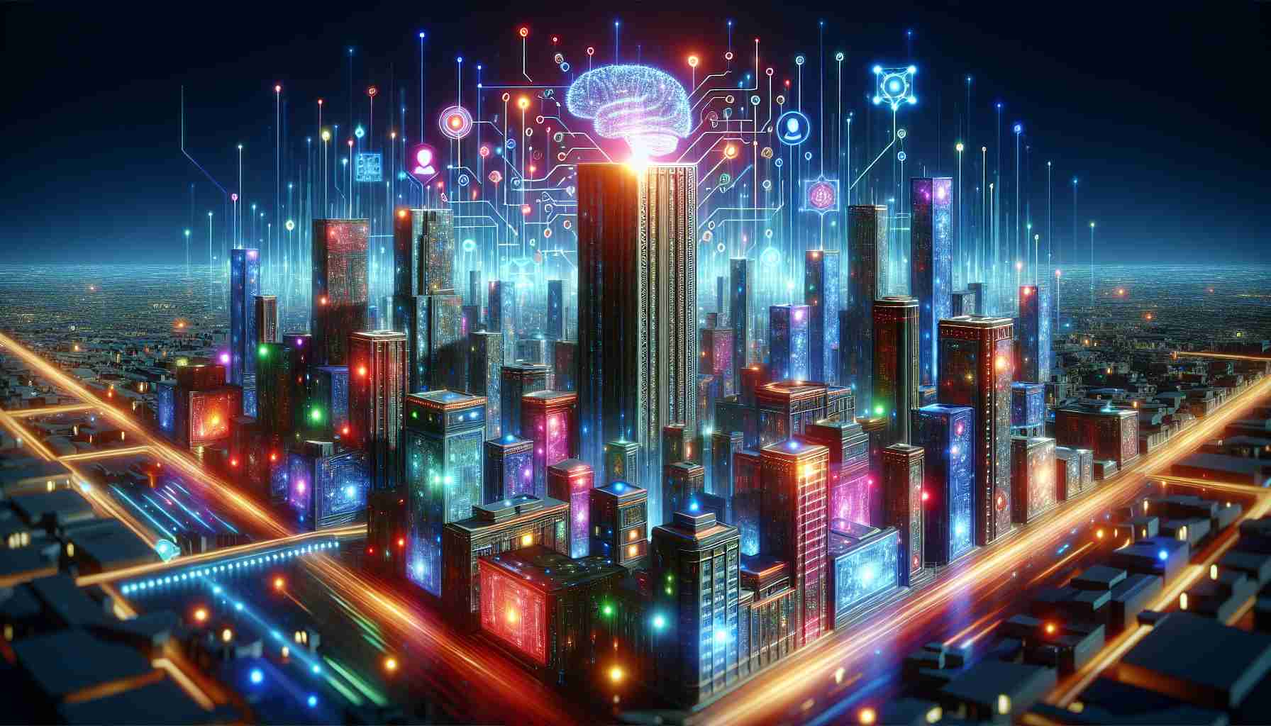 A detailed, high-definition image of metaphorical representation of a powerhouse in AI stocks that everyone is talking about. Display this as a futuristic city skyline where each building represents different tech companies. Among them, one building is significantly taller with neon lights showing elements of artificial intelligence, symbolizing its dominance. Integrate visual elements such as binary code, neural networks, and futuristic tech. Please avoid using any identifiable logos or trademarks. Capture the lively atmosphere with buzzing energy – perhaps shown through glowing lights and vibrant colors.