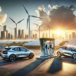 A realistic high-definition image that portrays a shift in the automotive industry towards sustainable energy solutions. This can show scenes like electric cars being charged at a charging station under a sunny sky, perhaps next to a windmill or a solar farm, symbolizing the use of renewable energy. Include models and designs of various new electric vehicles from an anonymous manufacturer, emphasizing their sleek design. Show the comparison with traditional gas stations fading in the background to signify the decline of fossil fuel dependency. This change is in the cityscape, all in the light of a setting sun suggesting a hopeful future.