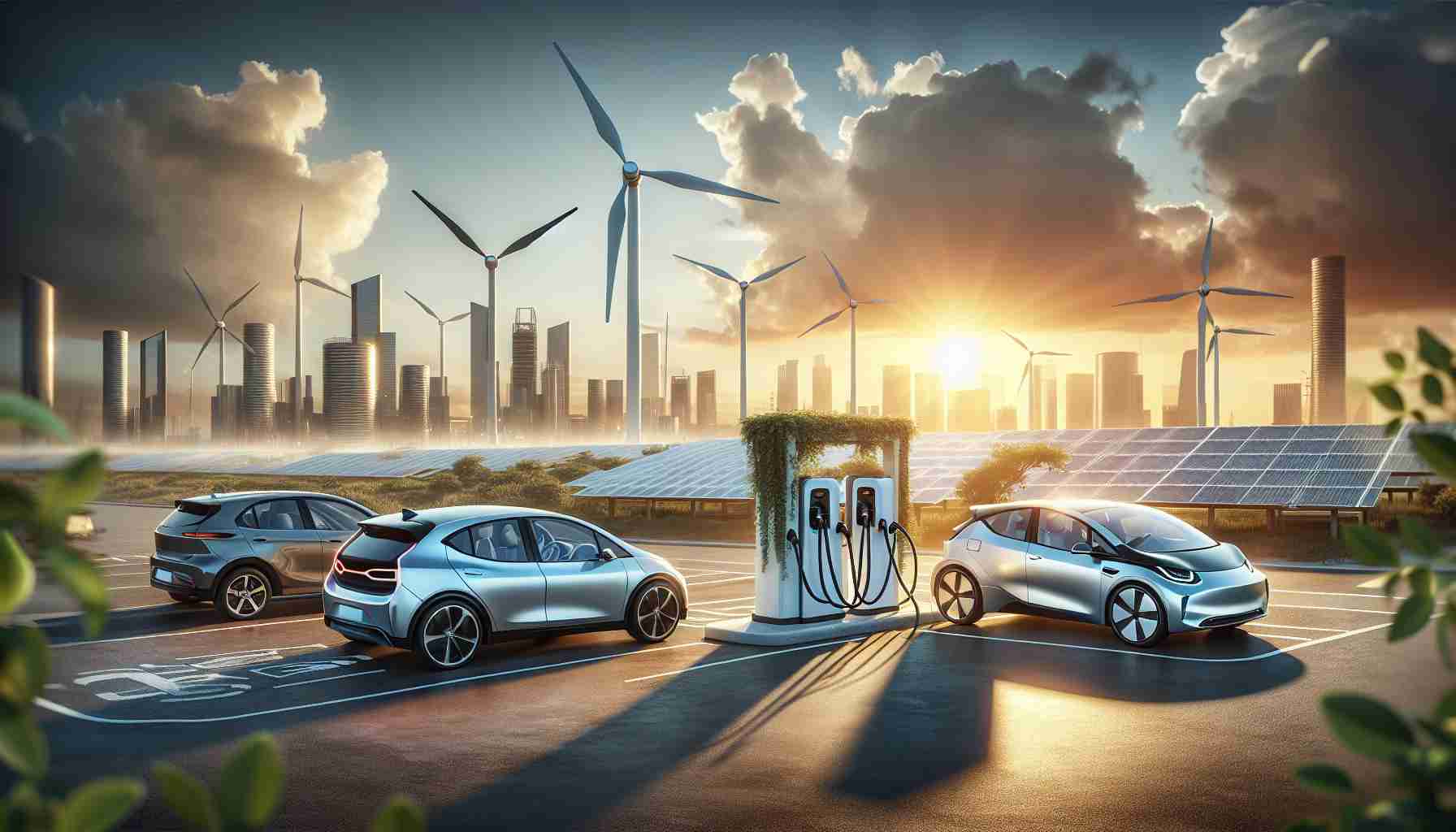 A realistic high-definition image that portrays a shift in the automotive industry towards sustainable energy solutions. This can show scenes like electric cars being charged at a charging station under a sunny sky, perhaps next to a windmill or a solar farm, symbolizing the use of renewable energy. Include models and designs of various new electric vehicles from an anonymous manufacturer, emphasizing their sleek design. Show the comparison with traditional gas stations fading in the background to signify the decline of fossil fuel dependency. This change is in the cityscape, all in the light of a setting sun suggesting a hopeful future.