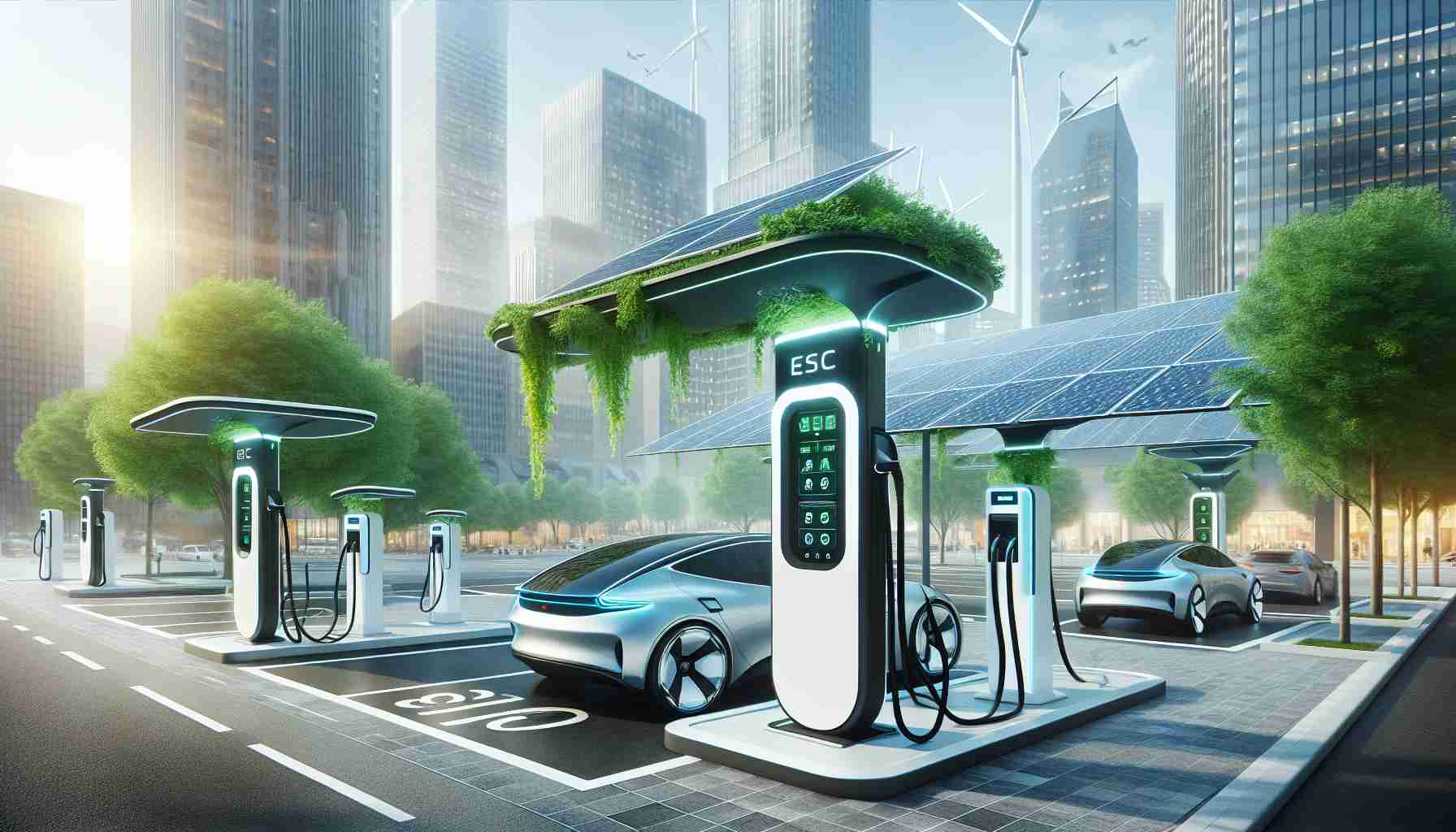 Create a realistic high-definition image representing the future of green transportation. Visualize a major overhaul of transit charging infrastructure with sleek, ultra-modern charging stations abundant throughout the city. Based on current advancements in technology, depict these charging stations equipped with fast charging capabilities and renewable energy generation features like solar panels and wind turbines. Perhaps, incorporate some futuristic electric vehicles parked and being charged at these stations, hinting at an eco-friendly, sustainable future ahead. Attention to design details of the charging stations and the urban backdrop is desired.