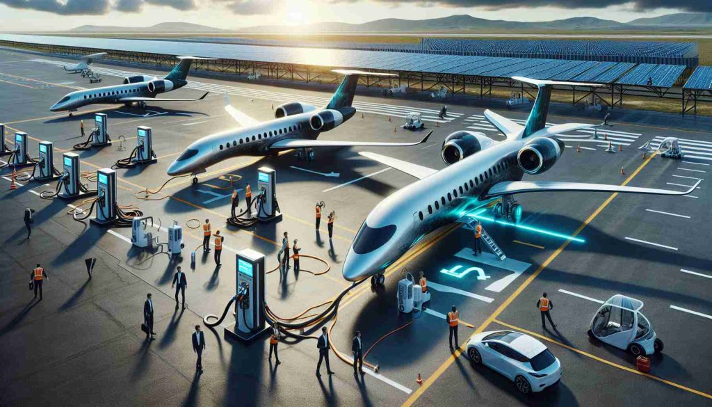 A highly-detailed, realistic image showcasing a turning point in sustainable aviation through the use of electric aircrafts. This ground-breaking scene includes sleek, modern planes with advanced-looking propulsion systems, highlighting a clear shift from traditional fossil fuel powered aircrafts. The aircrafts are beautifully designed, showcasing streamlined bodies and larger windows. Charging stations are evident, showcasing futuristic, eco-friendly technology. In the background is an airstrip with solar panels, reinforcing the concept of clean energy. Excited ground crew of various descents and genders are seen, signaling activity and progress in the aviation sector.