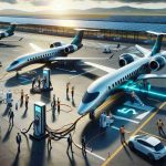 A highly-detailed, realistic image showcasing a turning point in sustainable aviation through the use of electric aircrafts. This ground-breaking scene includes sleek, modern planes with advanced-looking propulsion systems, highlighting a clear shift from traditional fossil fuel powered aircrafts. The aircrafts are beautifully designed, showcasing streamlined bodies and larger windows. Charging stations are evident, showcasing futuristic, eco-friendly technology. In the background is an airstrip with solar panels, reinforcing the concept of clean energy. Excited ground crew of various descents and genders are seen, signaling activity and progress in the aviation sector.