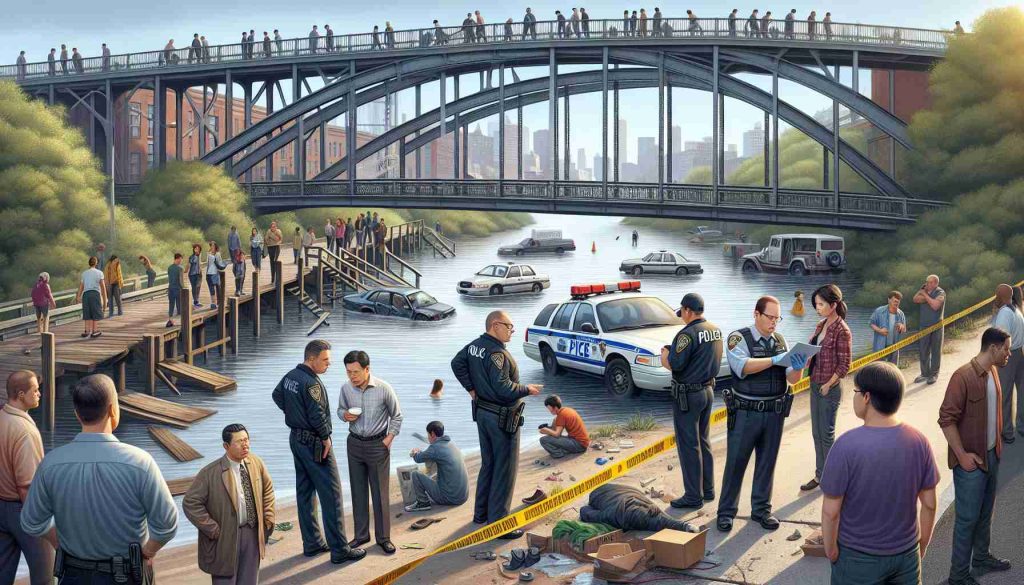 A realistic high-definition illustration of a scene at a river footbridge. The bridge is cordoned off due to an unfortunate accident that recently took place. Nearby, investigators are seen examining the area meticulously. Two officers, one Hispanic male and one Asian female, are communicating with a Caucasian male who seems to be a witness. Others, bystanders of various descents, watch from a distance, their expressions filled with concern.