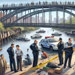 A realistic high-definition illustration of a scene at a river footbridge. The bridge is cordoned off due to an unfortunate accident that recently took place. Nearby, investigators are seen examining the area meticulously. Two officers, one Hispanic male and one Asian female, are communicating with a Caucasian male who seems to be a witness. Others, bystanders of various descents, watch from a distance, their expressions filled with concern.