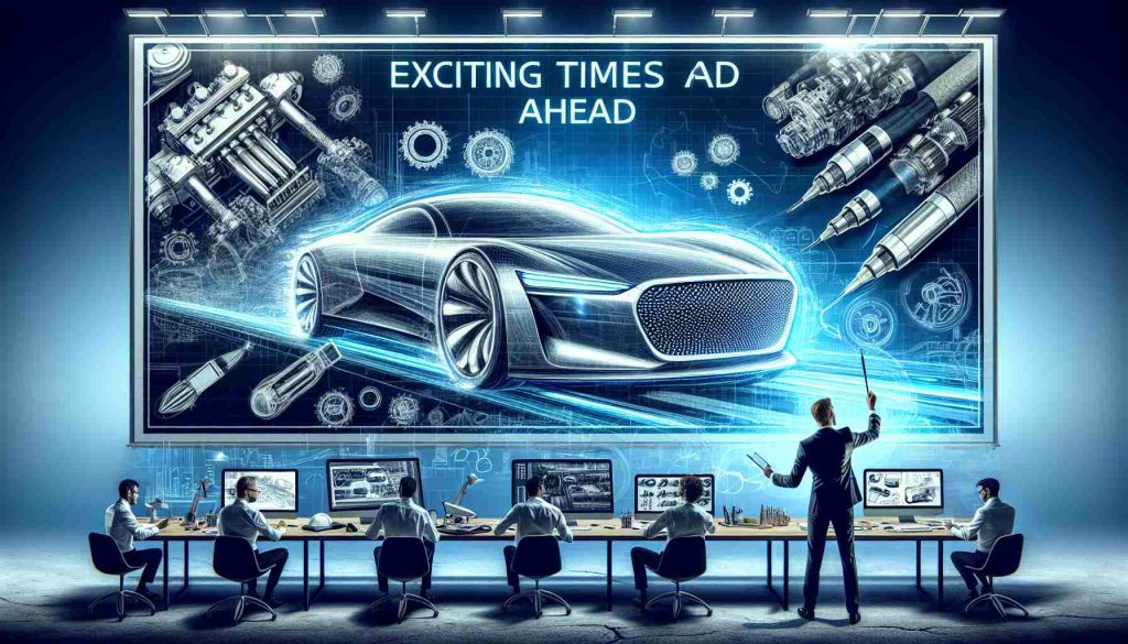 Generate a realistic, high-definition image capturing the concept of 'Exciting Times Ahead' for a generic automobile manufacturing company. This should include elements such as design sketches of innovative, futuristic cars, engineers at work on groundbreaking technologies, and perhaps a slogan embodying the theme of progress and innovation displayed on a corporate billboard.