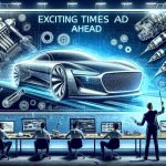 Generate a realistic, high-definition image capturing the concept of 'Exciting Times Ahead' for a generic automobile manufacturing company. This should include elements such as design sketches of innovative, futuristic cars, engineers at work on groundbreaking technologies, and perhaps a slogan embodying the theme of progress and innovation displayed on a corporate billboard.