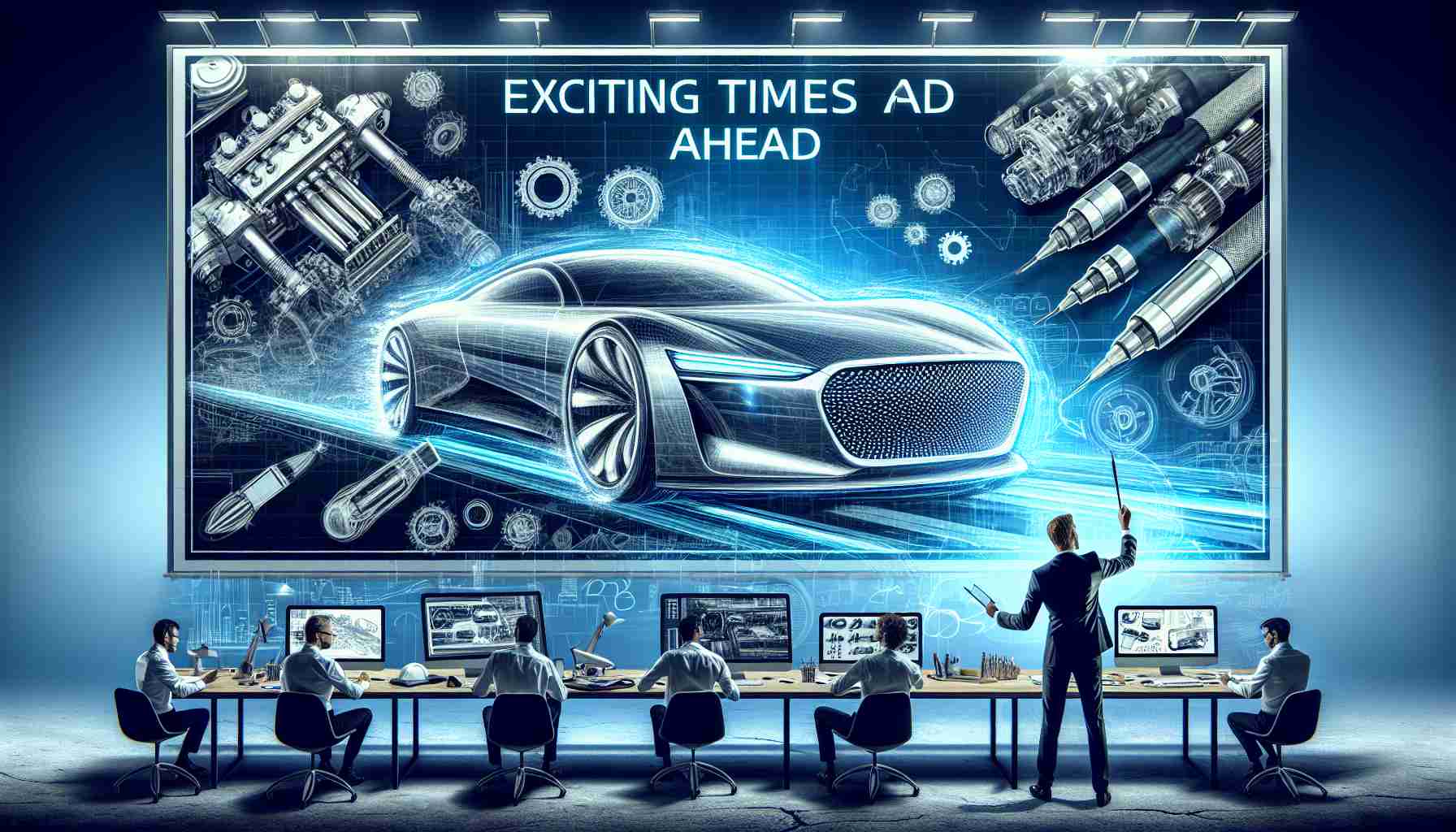 Generate a realistic, high-definition image capturing the concept of 'Exciting Times Ahead' for a generic automobile manufacturing company. This should include elements such as design sketches of innovative, futuristic cars, engineers at work on groundbreaking technologies, and perhaps a slogan embodying the theme of progress and innovation displayed on a corporate billboard.