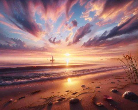 Realistic HD photo of a serene seaside with a peaceful sunrise. The sky painted with hues of soft pink, orange, and gold, blending perfectly with the calm waves of the sea. In the distance, a silhouette of a lone sailboat on the horizon, basking in the warm early morning rays. The fore is adorned with untouched sand, with footprints of seabirds, telling a silent story of a dawn chorus. A few seashells and strands of beached seaweed adding to the authentic beach experience. The entire scene encapsulating the tranquil beauty of life by the sea.