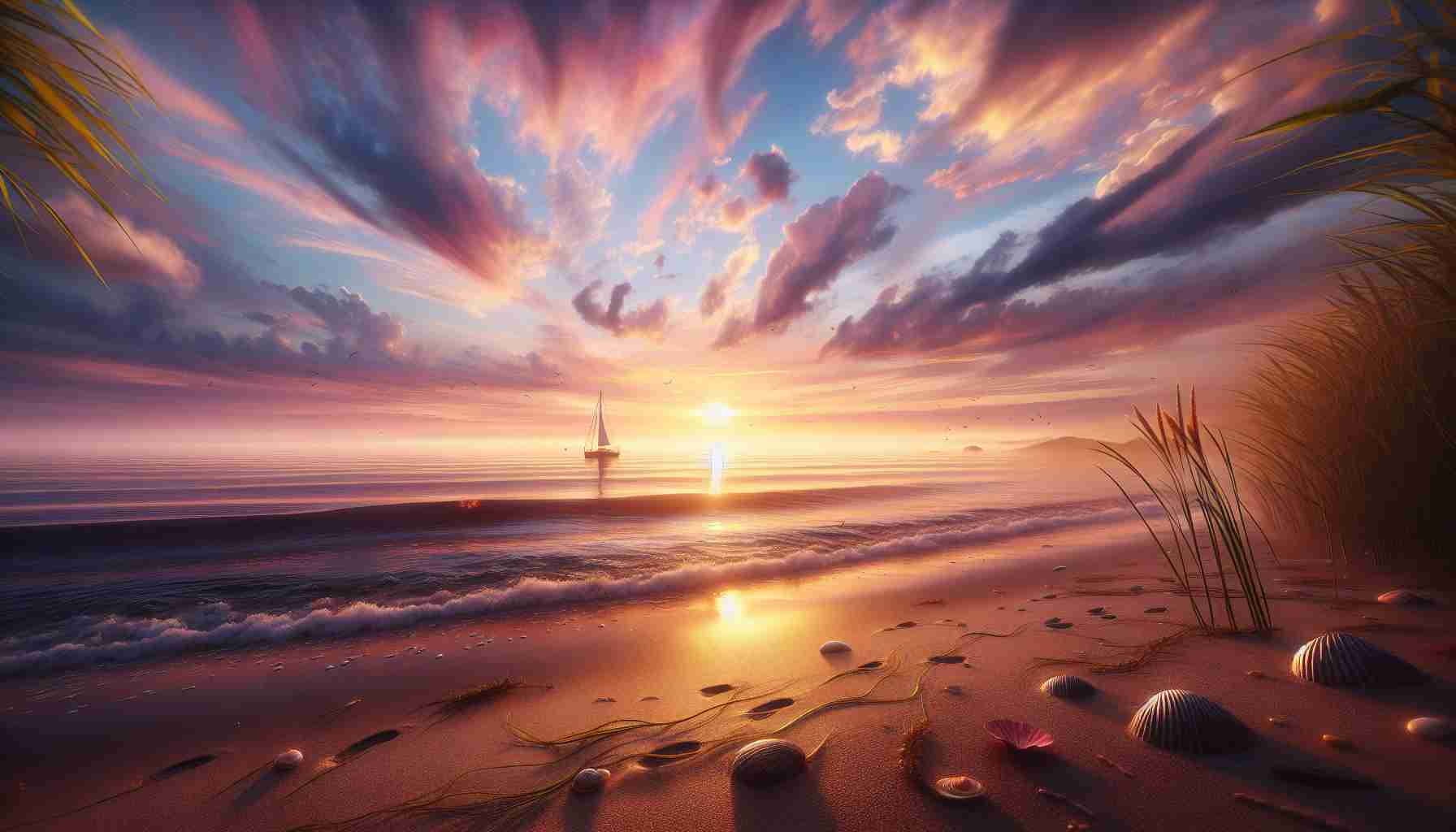 Realistic HD photo of a serene seaside with a peaceful sunrise. The sky painted with hues of soft pink, orange, and gold, blending perfectly with the calm waves of the sea. In the distance, a silhouette of a lone sailboat on the horizon, basking in the warm early morning rays. The fore is adorned with untouched sand, with footprints of seabirds, telling a silent story of a dawn chorus. A few seashells and strands of beached seaweed adding to the authentic beach experience. The entire scene encapsulating the tranquil beauty of life by the sea.