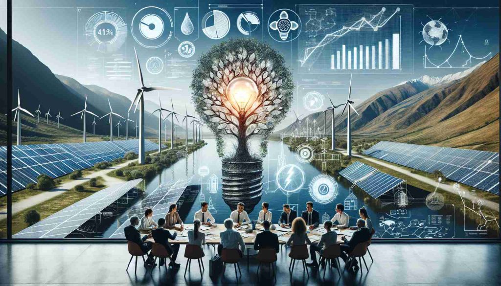 Create a high-definition, realistic image showcasing the new initiative for sustainable energy solutions. The picture should prominently feature a variety of renewable energy sources such as solar panels, wind turbines, and hydroelectric dams. The surroundings should exude an atmosphere of innovation, with diagrams and charts depicting energy statistics subtly incorporated into the background. The initiative's logo - an abstract tree design intertwined with a lightbulb - is prominently displayed on banners and commendation plaques. Some committed team members, an ethnically diverse mix of both genders, are present, engaged in discussion over plans and blueprints.