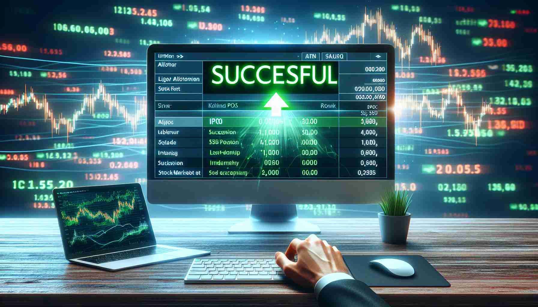 A high-definition realistic image depicting the concept of discovering IPO allotment status instantly. The scene includes a large computer screen displaying green 'Successful' text, overlaid on a background of fast moving stock market numbers. The foreground consists of a human hand, of Caucasian descent, poised above a computer mouse. A side table with a laptop displaying graphs and charts related to stock market sits beside the main computer. The image should convey a sense of urgency and instant discovery.