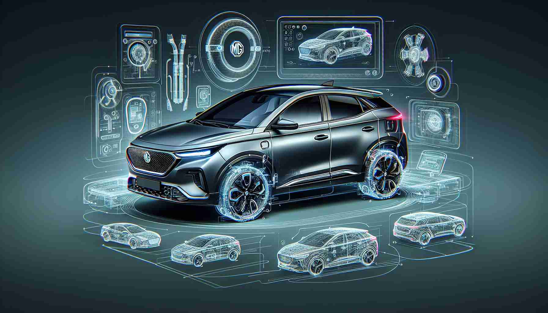 Create a realistic, high-definition depiction of an electric vehicle, specifically reminiscent of the MG ZS EV model. This should incorporate all the latest features one would expect in such a modern vehicle. The automobile should be positioned in a way that emphasises its stylish design, cutting edge technology and eco-friendly nature. Incorporate elements such as sleek lines, aerodynamic shape, detailed interiors, spacious boot, advanced infotainment system, and cutting-edge safety features.