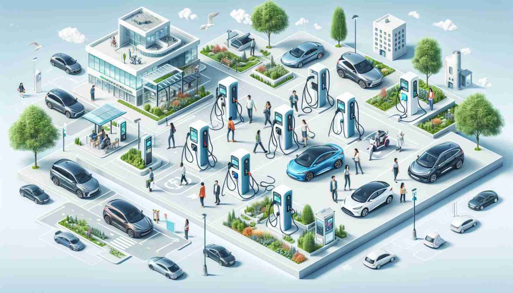 A detailed, high-definition picture depicting expanding electric vehicle infrastructure as a symbol of sustainable development. The image includes charging stations located in various urban settings, surrounded by greenery to illustrate the eco-friendly aspect of the initiative. There's a diverse mix of individuals, including a Middle-Eastern man, a Hispanic woman, a Caucasian man, and a Black woman, actively participating in using the facilities, representing community involvement. Also, show a few electric vehicles of different models parked and charging, and a clear sky above to represent a cleaner environment.