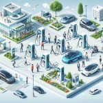 A detailed, high-definition picture depicting expanding electric vehicle infrastructure as a symbol of sustainable development. The image includes charging stations located in various urban settings, surrounded by greenery to illustrate the eco-friendly aspect of the initiative. There's a diverse mix of individuals, including a Middle-Eastern man, a Hispanic woman, a Caucasian man, and a Black woman, actively participating in using the facilities, representing community involvement. Also, show a few electric vehicles of different models parked and charging, and a clear sky above to represent a cleaner environment.