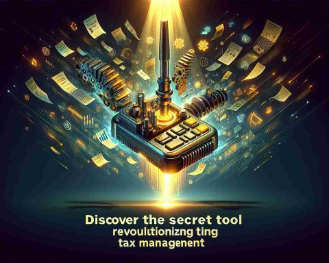 Create an ultra high-definition image that depicts a futuristic tool, filled with advanced technology concepts and illuminated with bold colors under a spotlight. This tool symbolizes the revolution in tax management. The tool is performing automated computations and data processing, with digital tax forms floating around it. On the side, there's a large phrase in smooth golden letters reading 'Discover the Secret Tool Revolutionizing Tax Management'.