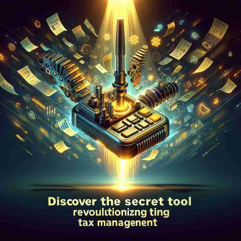 Create an ultra high-definition image that depicts a futuristic tool, filled with advanced technology concepts and illuminated with bold colors under a spotlight. This tool symbolizes the revolution in tax management. The tool is performing automated computations and data processing, with digital tax forms floating around it. On the side, there's a large phrase in smooth golden letters reading 'Discover the Secret Tool Revolutionizing Tax Management'.