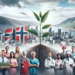 Realistic high-definition photo showcasing a representation of Norway preparing for future growth and stability amidst economic challenges. This could be represented by a growing sapling against the backdrop of a busy cityscape, symbolizing economic resilience and the nation's forward-looking perspective. Also depict multiple people indicating various professions such as educators, healthcare professionals, engineers and farmers, to illustrate the diverse roles contributing to the country's growth. Respectively, include a Caucasian male educator, a Hispanic female healthcare professional, a Black male engineer, and a Middle-Eastern female farmer in the image.