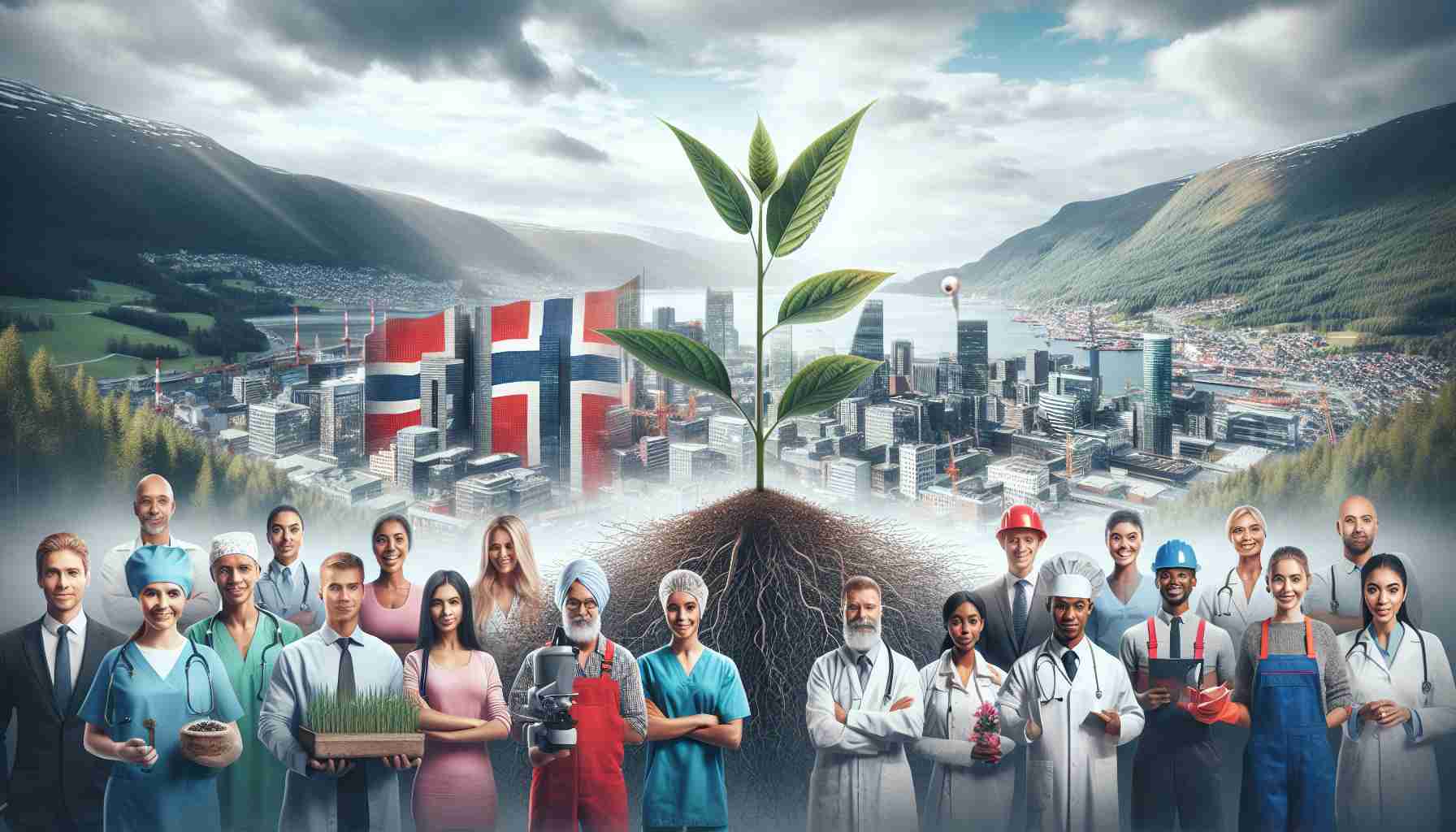 Realistic high-definition photo showcasing a representation of Norway preparing for future growth and stability amidst economic challenges. This could be represented by a growing sapling against the backdrop of a busy cityscape, symbolizing economic resilience and the nation's forward-looking perspective. Also depict multiple people indicating various professions such as educators, healthcare professionals, engineers and farmers, to illustrate the diverse roles contributing to the country's growth. Respectively, include a Caucasian male educator, a Hispanic female healthcare professional, a Black male engineer, and a Middle-Eastern female farmer in the image.