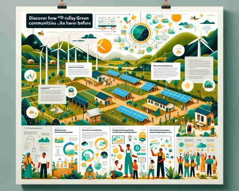 Generate an HD photograph-like image showing an informative panel with the headline: 'Discover How “Valley Green Energy” Is Transforming Rural Communities Like Never Before'. The panel includes positive infographics and information about their projects. It also shows images of rural communities, depicting green energy solutions like solar panels and wind turbines, resulting in a cleaner and progressive environment. Please include some illustrations of the diverse community members benefiting from the green energy and showing their satisfaction.