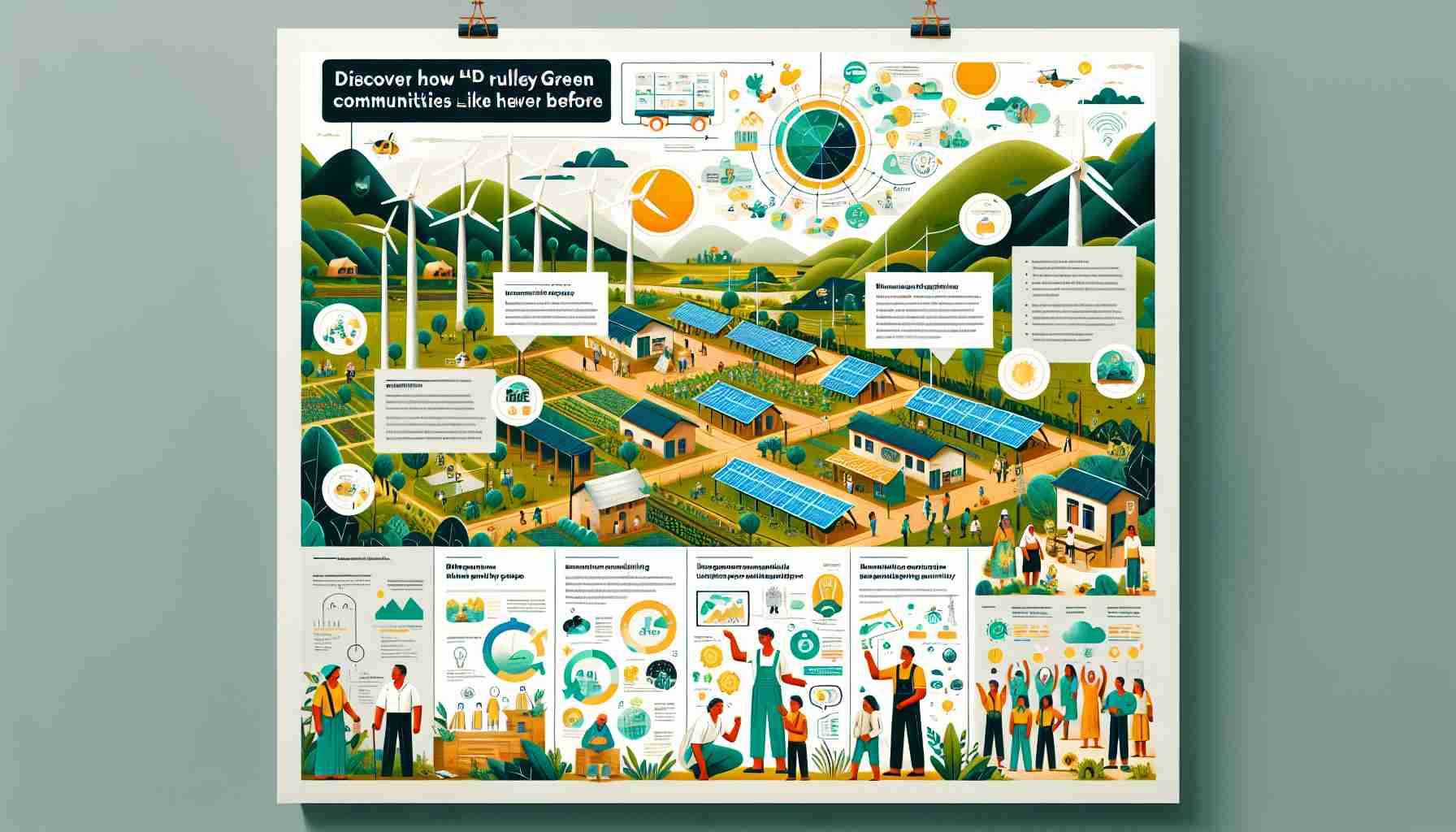 Generate an HD photograph-like image showing an informative panel with the headline: 'Discover How “Valley Green Energy” Is Transforming Rural Communities Like Never Before'. The panel includes positive infographics and information about their projects. It also shows images of rural communities, depicting green energy solutions like solar panels and wind turbines, resulting in a cleaner and progressive environment. Please include some illustrations of the diverse community members benefiting from the green energy and showing their satisfaction.