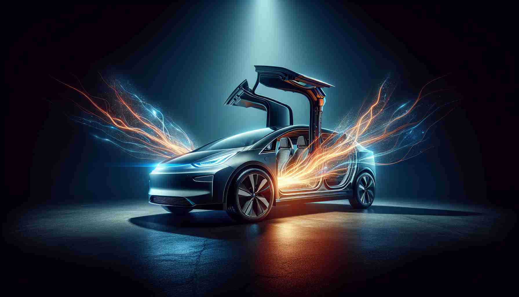 Create a high-definition, realistic image showcasing an undisclosed unique feature of an electric vehicle. Display this feature as if it's a big revelation, perhaps with dramatic lighting or a fascinating angle.