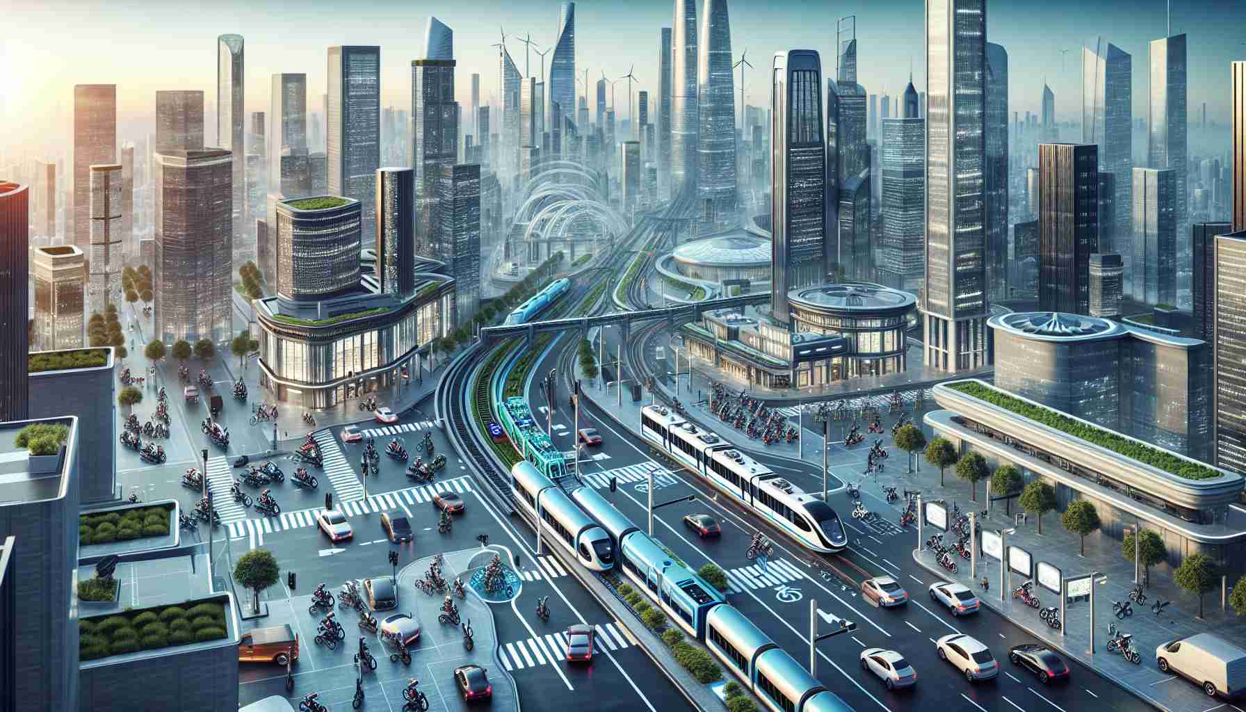 A high definition, realistic image of the future of electric mobility being explored. Show a dynamic city scene bustling with various types of electric vehicles. The scene should include electric cars, high-speed electric trains, electric bikes, and electric scooters on the bustling city streets. There's a skyline filled with modern, energy-efficient buildings and skyscrapers. Infrastructure indicates a green energy focus, perhaps with solar panels and wind turbines visible. Technology is clearly advanced, with smart traffic signals, extensive charging stations, and lithium batteries for energy storage prominently displayed. Ensure the depiction emphasizes innovation and sustainability.