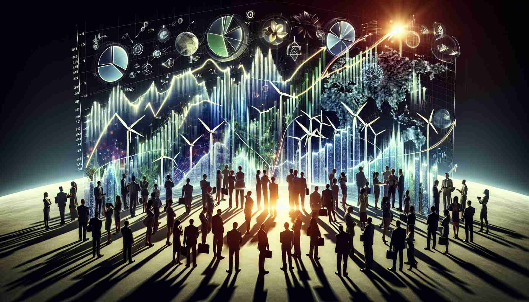 A striking, ultra high-definition image showcasing the concept of substantial growth in the energy sector. Depict a collection of rising graphs, specifically about alternative renewable energy stocks. Public interest is high, reflected in the abundance of dialogue and excitement. Visualize this growth and excitement through dynamic 3D bar or line graphs, pie charts, energy symbols like a wind turbine or a solar panel, and a variety of people from all genders and descents discussing and observing these graphs. The atmosphere is electric and filled with anticipation, mirroring the global paradigm shift towards green energy.