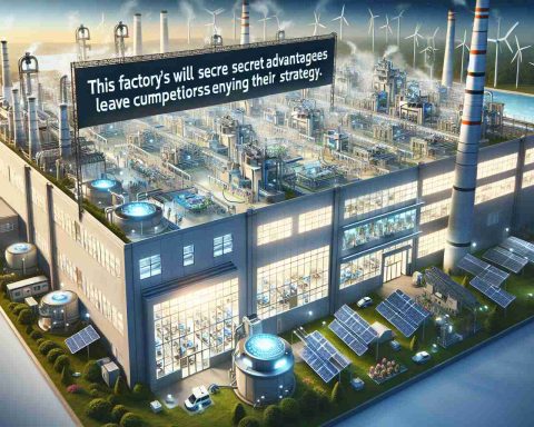 Detailed image representing a factory seen from a distance as it operates at peak productivity. The scenery should show innovative machines and a buzzing work environment. Outside, there might be solar panels and wind turbine hinting the factory's eco-friendly strategy. A giant banner with the text 'This Factory’s Secret Advantages Will Leave Competitors Envying Their Strategy' can be seen hung across the front exterior of the factory. The light might be shining on the banner, emphasizing the text. This image should give a sense of admiration and curiosity.