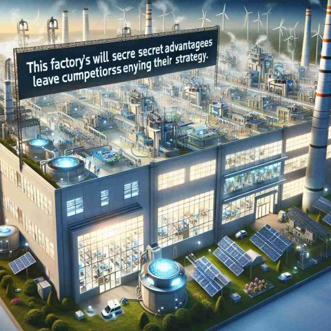 Detailed image representing a factory seen from a distance as it operates at peak productivity. The scenery should show innovative machines and a buzzing work environment. Outside, there might be solar panels and wind turbine hinting the factory's eco-friendly strategy. A giant banner with the text 'This Factory’s Secret Advantages Will Leave Competitors Envying Their Strategy' can be seen hung across the front exterior of the factory. The light might be shining on the banner, emphasizing the text. This image should give a sense of admiration and curiosity.