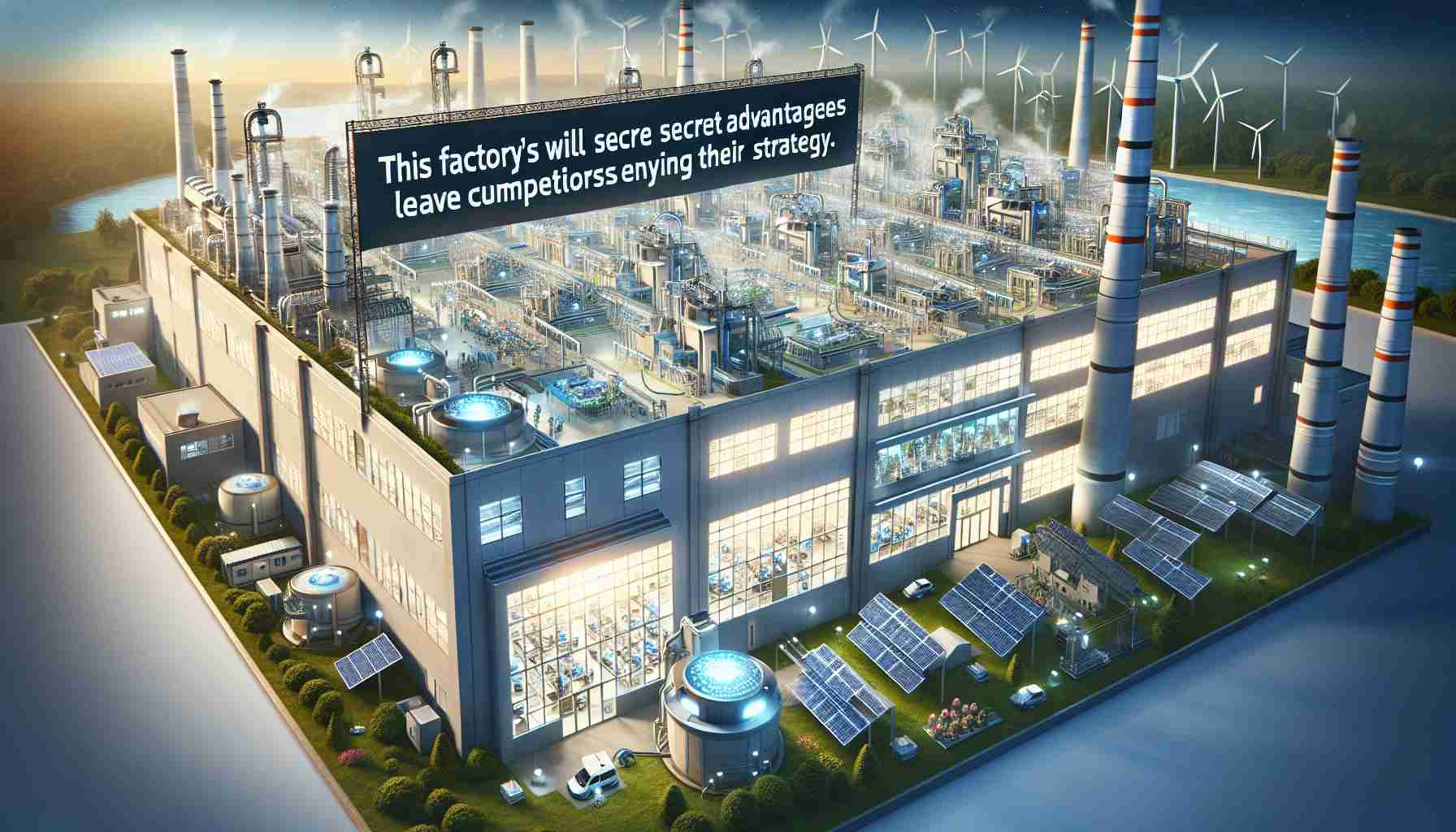 Detailed image representing a factory seen from a distance as it operates at peak productivity. The scenery should show innovative machines and a buzzing work environment. Outside, there might be solar panels and wind turbine hinting the factory's eco-friendly strategy. A giant banner with the text 'This Factory’s Secret Advantages Will Leave Competitors Envying Their Strategy' can be seen hung across the front exterior of the factory. The light might be shining on the banner, emphasizing the text. This image should give a sense of admiration and curiosity.