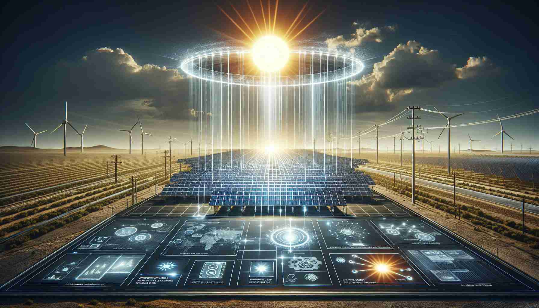 A high-definition, realistic image showing the process of solar power production to represent the future of energy. The image contains solar panels under the bright sun in a large expanse of land with light beaming down. Diagrams and infographics in the foreground explain how the solar energy is captured and converted into electricity, with the sun prominently featured as the main source.