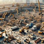 An extremely detailed and high definition photograph depicting a modern construction site. Show a scene that's a bustling hub of activity, where electric machinery is the mainstay, guiding the progression of the construction work. Among the machinery, depict electric excavators, cranes, and bulldozers, showcasing their power and efficiency. Mix in workers of various genders and descents, such as Caucasian, Hispanic, Black, Middle Eastern, South Asian and East Asian, each engrossed in their tasks, synchronizing with the humming rhythm of machinery. The scene symbolizes the revolutionary shift towards sustainable building practices.