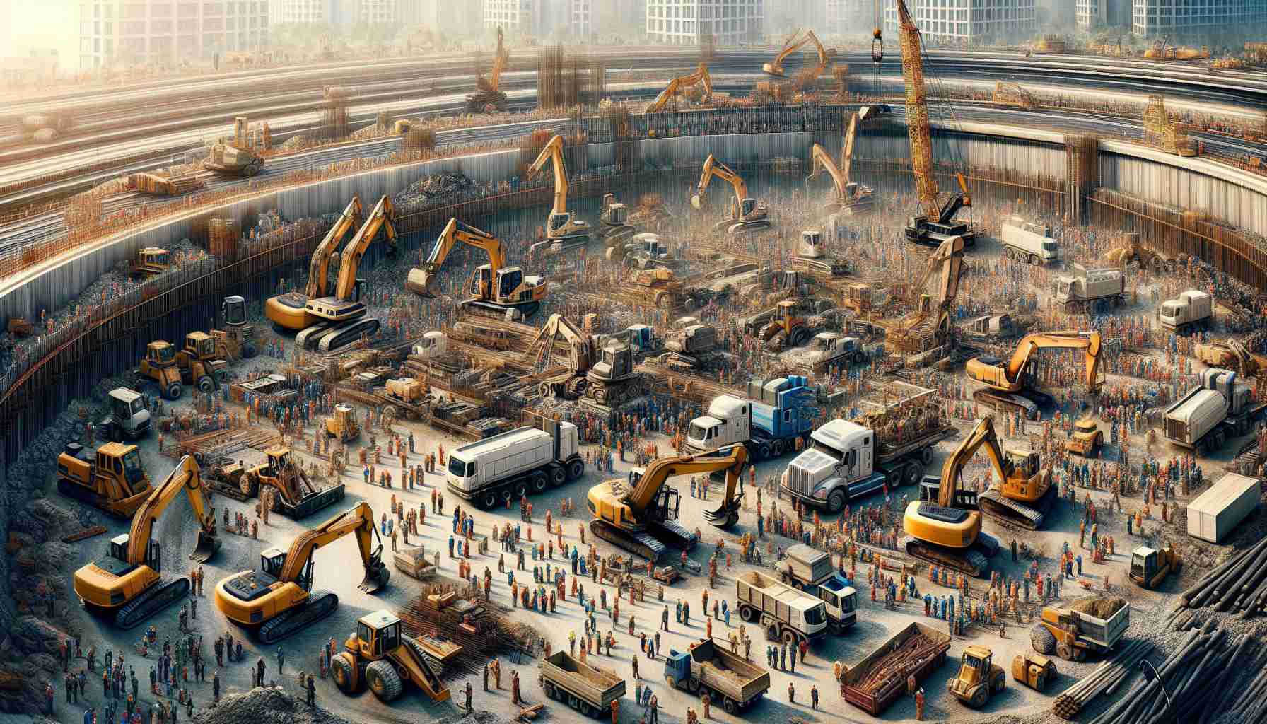 An extremely detailed and high definition photograph depicting a modern construction site. Show a scene that's a bustling hub of activity, where electric machinery is the mainstay, guiding the progression of the construction work. Among the machinery, depict electric excavators, cranes, and bulldozers, showcasing their power and efficiency. Mix in workers of various genders and descents, such as Caucasian, Hispanic, Black, Middle Eastern, South Asian and East Asian, each engrossed in their tasks, synchronizing with the humming rhythm of machinery. The scene symbolizes the revolutionary shift towards sustainable building practices.