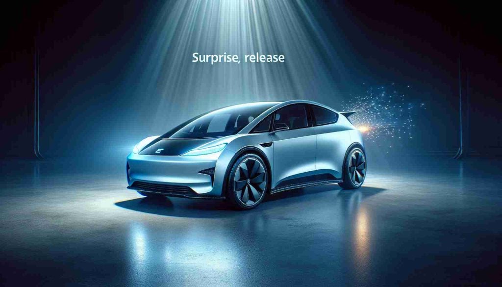 Generate a realistic, high-definition image depicting the surprise release of a new, unique electric vehicle. The vehicle should have innovative design elements that signify a significant shift in market trends. Note: The branding or specific manufacturer's details should not be apparent, just the groundbreaking design and technological advancements.