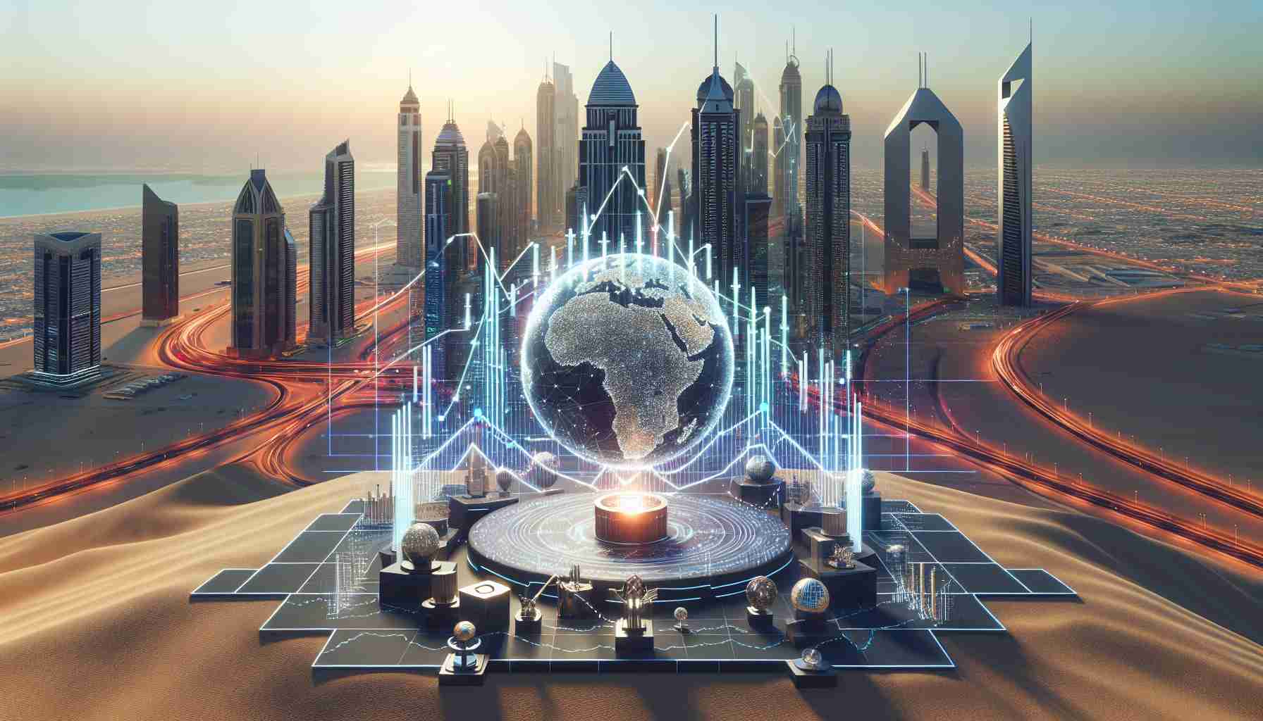 A photorealistic high-definition image of a sudden technological sensation in Dubai's stock market. Showcase the graphs displaying its skyrocketing performance in the initial public offering (IPO). Set against the backdrop of the city's iconic skyscrapers and desert landscape. No specific individuals are depicted in the scenario, ensuring a perspective focused solely on the corporation and the city that hosts it.