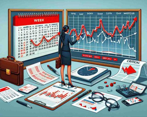 Visual representation of the upcoming eventful week for Indian investors. The illustration should include the calendar showing the dates of the week, possible ups and downs in the stock market represented by a rollercoaster-like line graph, critical business documents and briefcases. On the side, an Indian investor, a South Asian woman in professional attire, should be analyzing these documents. The image should be depicted in a realistic, high-definition manner.