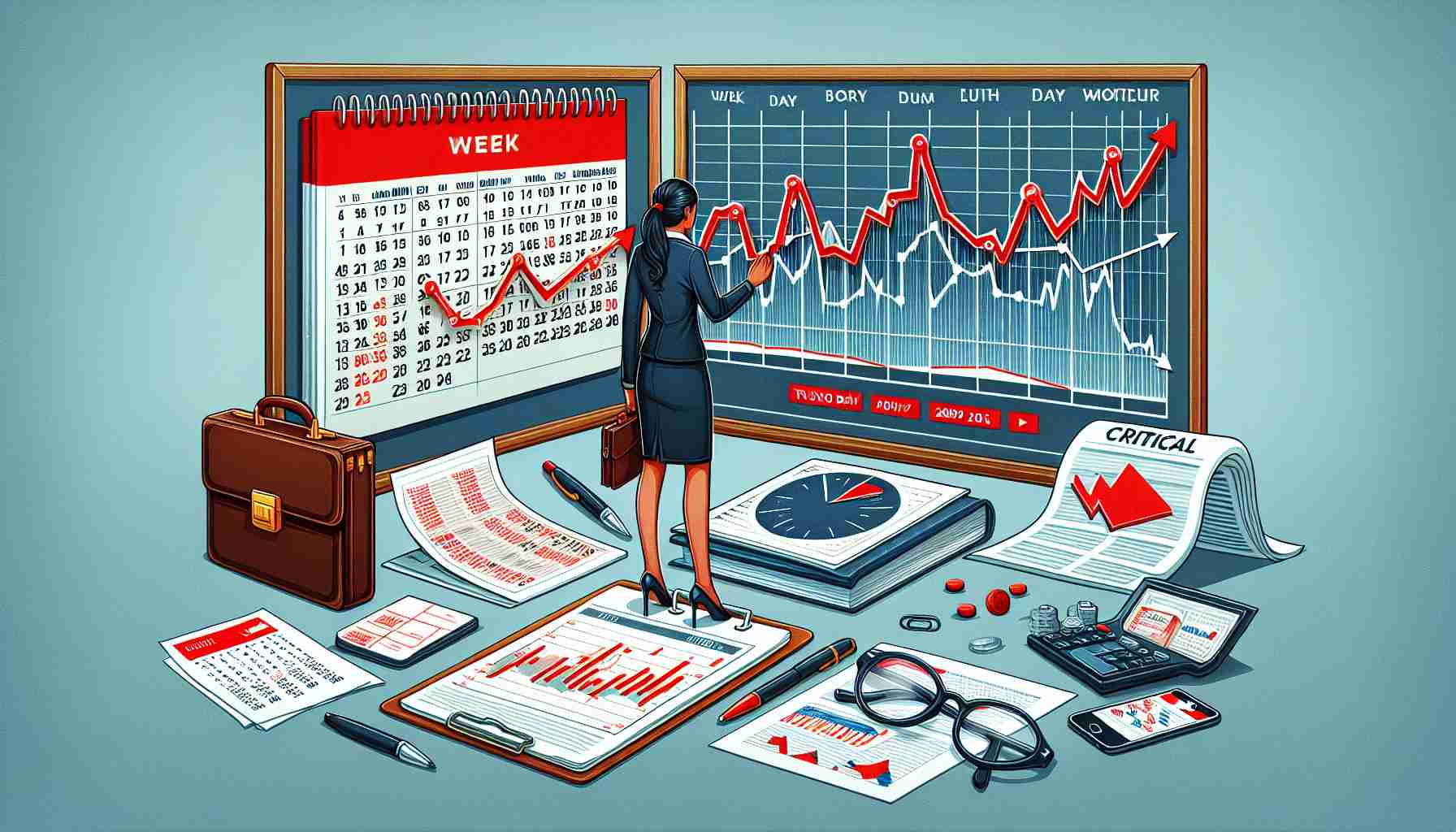 Visual representation of the upcoming eventful week for Indian investors. The illustration should include the calendar showing the dates of the week, possible ups and downs in the stock market represented by a rollercoaster-like line graph, critical business documents and briefcases. On the side, an Indian investor, a South Asian woman in professional attire, should be analyzing these documents. The image should be depicted in a realistic, high-definition manner.