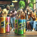 A realistic high-definition photo illustrating the buzz around '5 Energy' drinks. The image includes a variety of these brightly colored, petite cans of the energy drink placed sporadically. People of diverse descent; Caucasian, Hispanic, Black, and South Asian, both men and women, are seen engaged in lively conversation about the drinks, some gestures indicate skepticism other whispery excitement. The background setting is a trendy urban coffee shop or a cool youth hangout spot.