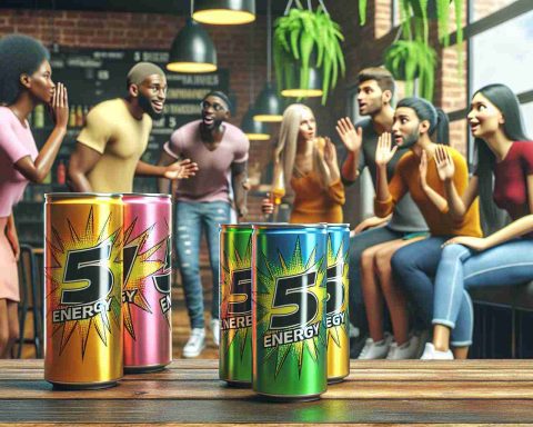 A realistic high-definition photo illustrating the buzz around '5 Energy' drinks. The image includes a variety of these brightly colored, petite cans of the energy drink placed sporadically. People of diverse descent; Caucasian, Hispanic, Black, and South Asian, both men and women, are seen engaged in lively conversation about the drinks, some gestures indicate skepticism other whispery excitement. The background setting is a trendy urban coffee shop or a cool youth hangout spot.