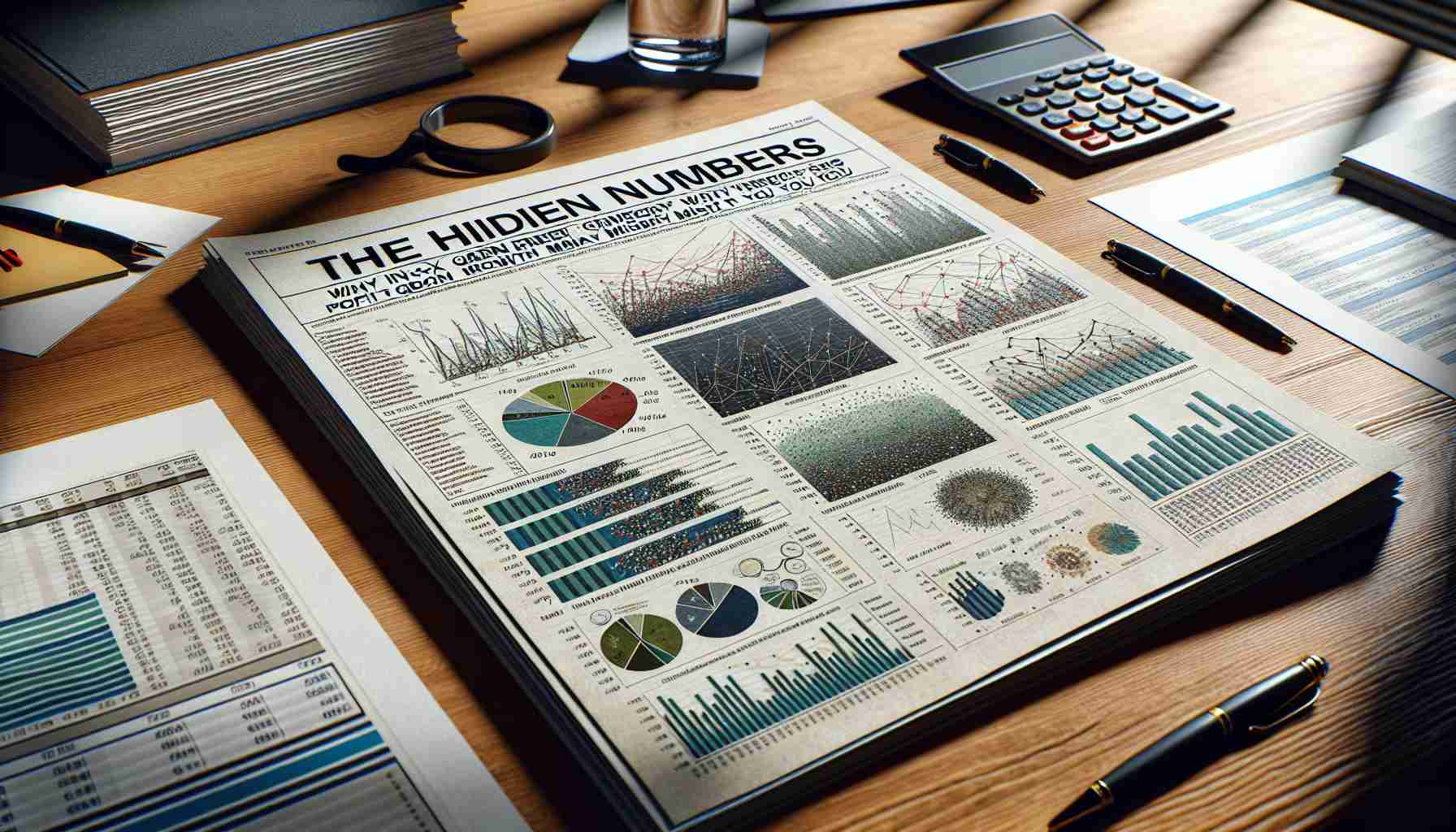 An intricate realistic HD photo of a financial document titled 'The Hidden Numbers: Why Inox Green Energy's Profit Growth May Mislead You'. The document is filled with a variety of different financial charts, graphs and tables portraying different aspects for assessment, placed on a mahogany desk with natural light filtering in from a nearby window.