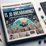 A realistic HD photo of a headline in an international business newspaper that says 'Is Jio Overreaching? Unforeseen Challenges Loom'. The headline is surrounded by other articles and adverts but it's the most prominent.