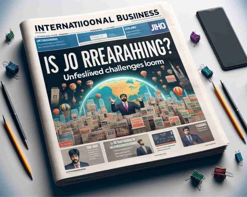 A realistic HD photo of a headline in an international business newspaper that says 'Is Jio Overreaching? Unforeseen Challenges Loom'. The headline is surrounded by other articles and adverts but it's the most prominent.