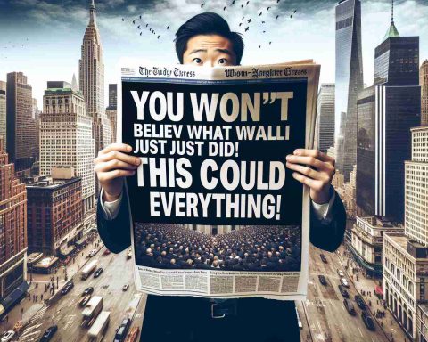 A powerful headline on a newspaper with large bold letters stating, 'You Won't Believe What Wall Street Just Did! This Could Change Everything', symbolizing a significant event in the financial district. The headline is top-center with a background image showing a bustling Manhattan cityscape. Skyscrapers tower above, with investors and workers hurriedly moving about on the busy streets below. The newspaper is held in hand by an East Asian man in a business suit, with a surprised look on his face as he reads the shocking news.